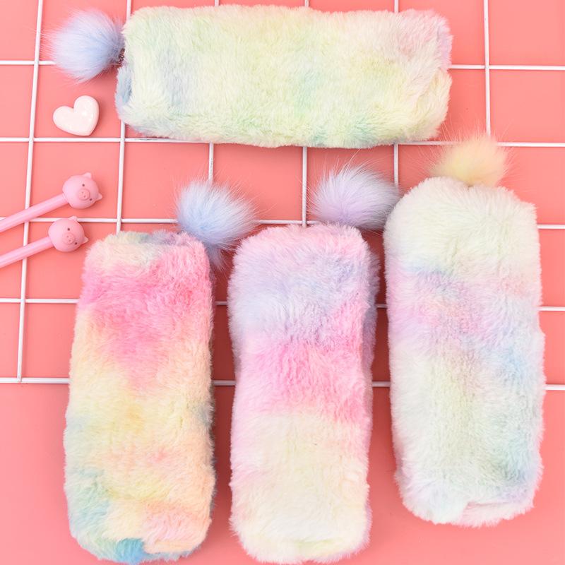 Plush Gradient Pencil Case Large Capacity Pencil Bag Pencil Pouch with Plush Ball Cute Back To School Stationery Supplies