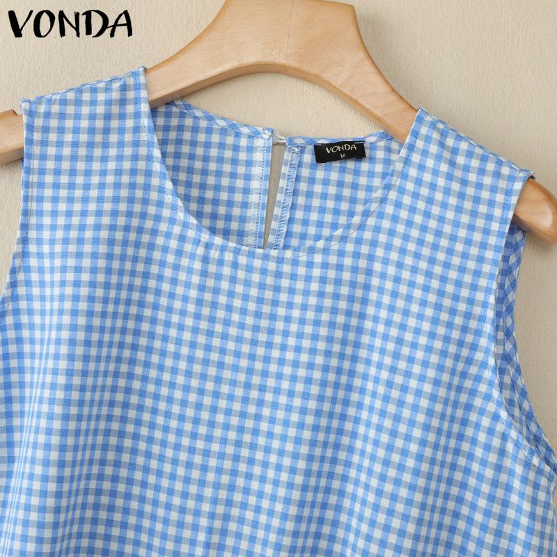 VONDA Sommer Damen Ärmellos Unregelmäßiger Rüschensaum Karomuster Lässige Tanktops