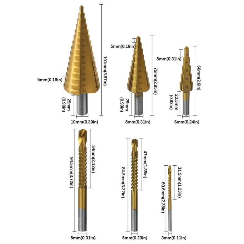 Triangular Shank Step Drill Bits 6Pcs Set High Speed Steel Multiple Material Drilling Woodworking Projects