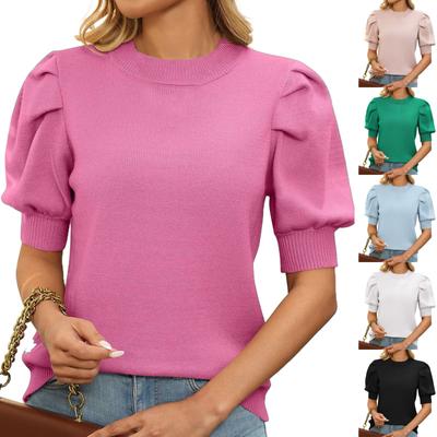 Suéter Feminino Casual e Fashion de Cor Sólida com Gola Redonda e Manga Bolha de Manga Curta