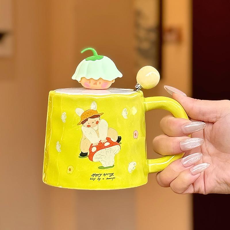 

Милая мультяшная керамическая кружка с крышкой для бытовой чашки для питьевой воды, кофейная чашка, парная чашка, подарок, сувенир, изысканная 400ML