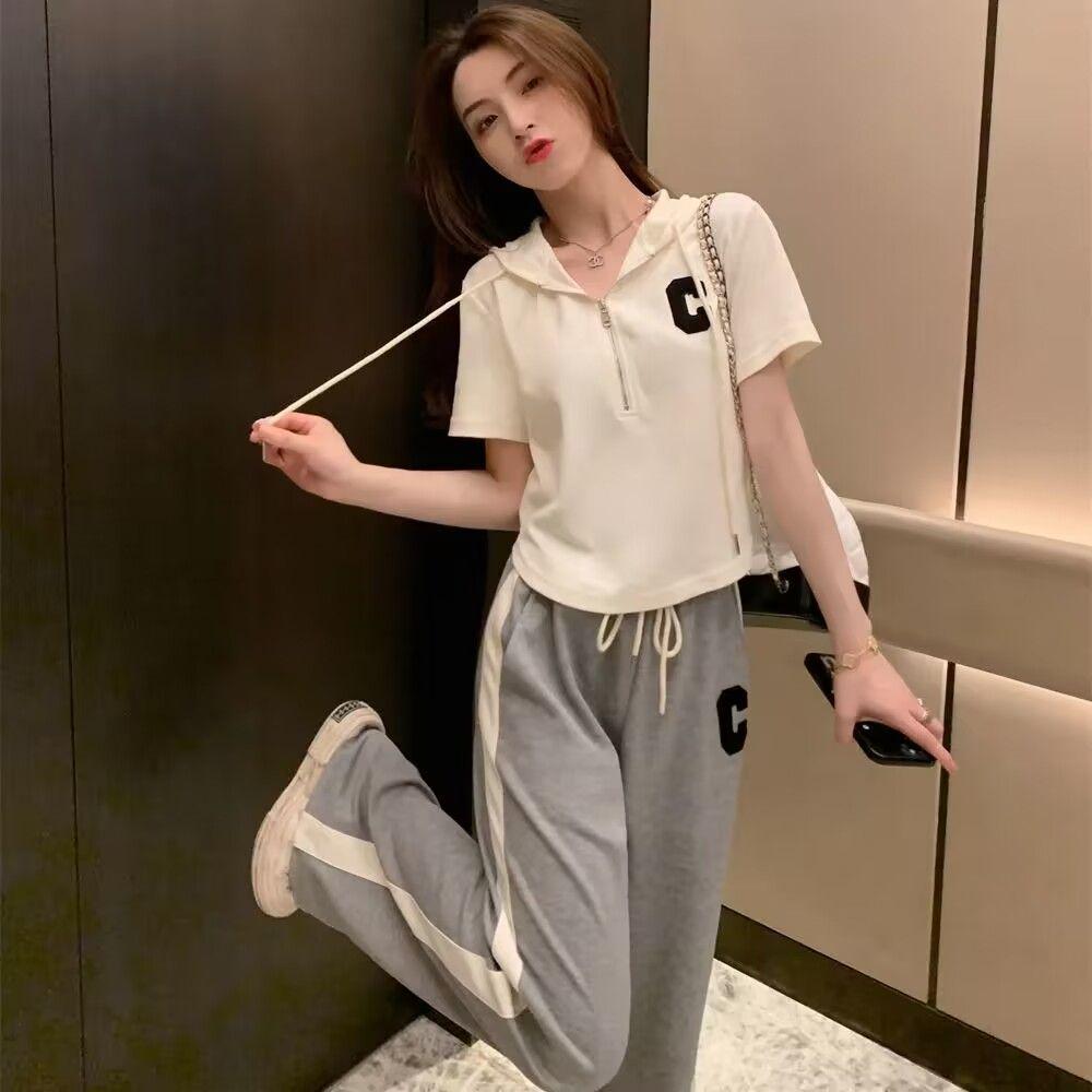 2025 Korean Style Women's Hooded T-Shirt & Wide-Leg Pants Set