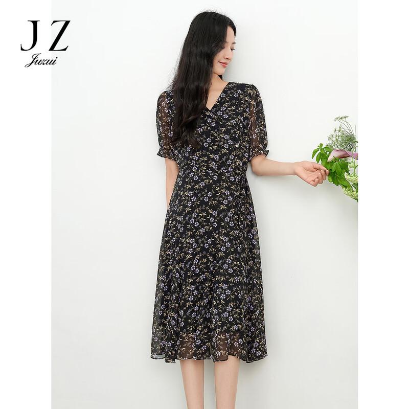 

JUZUI Women s Floral Print V-Neck Puff Sleeve Midi Dress L