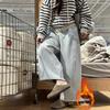 Women's High Waist Light Gray Fleece-Lined Sweatpants - Slimming Banana Leg, Petite, Wide-Leg for Autumn/Winter.