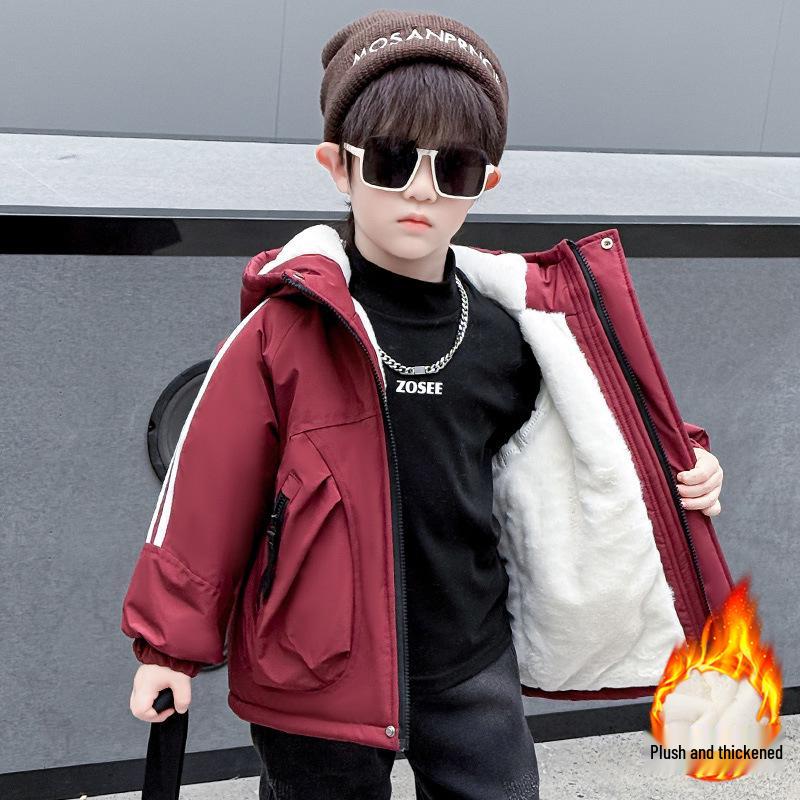 

Boys Fleece-Lined Parka 2025: Thick Toddler Cotton Winter Jacket 140 cm вино красного