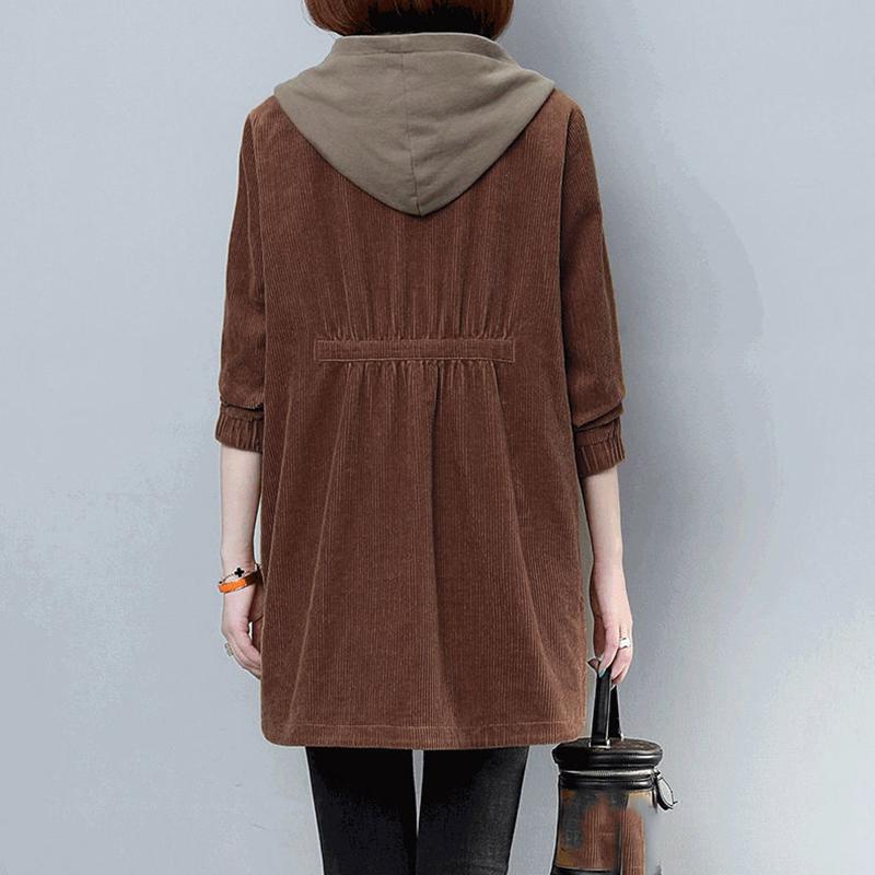 Cord Kapuzenjacke Damen Herbst Locker Windbreaker Lässig Reißverschluss Lang Oberbekleidung Winter