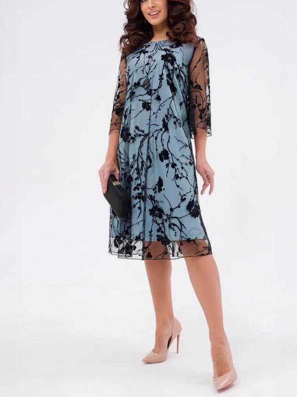 Best-Selling New Flocked Round Neck 7/8 Sleeve Slimming Dress