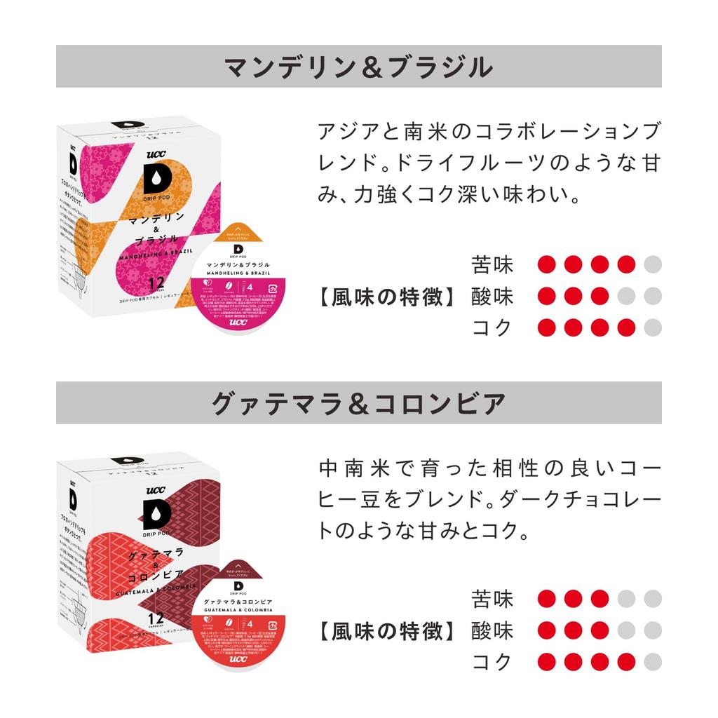 UCC Drip Pods World Coffee Tasting Set (12 of each of 4 flavors Honduras & Colombia, Mandheling & Brazil, Mocha & Kilimanjaro, and Guatemala &