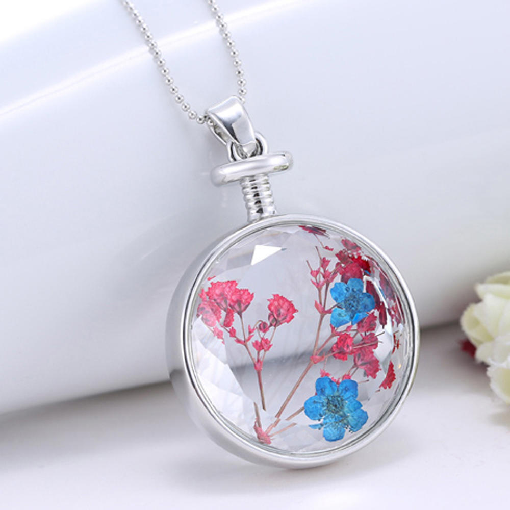 Novelty Glass Round Bottle Floating Dried Flower Silver Chain Necklace