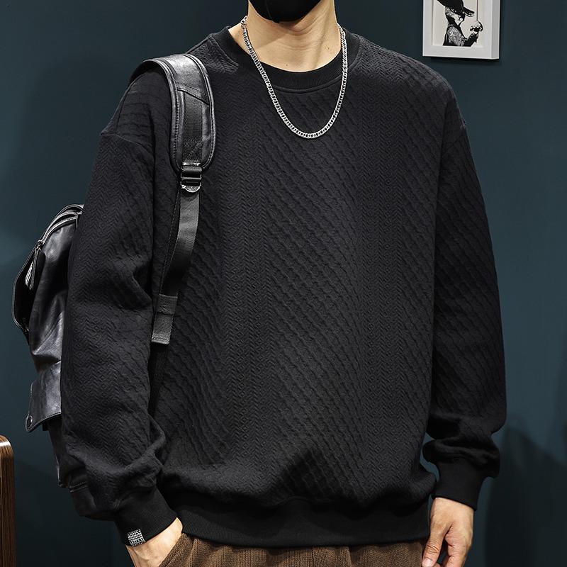 Herrhöst/Vinter Svart Jacquard Rundhalsad Huvtröja med Sammetfoder