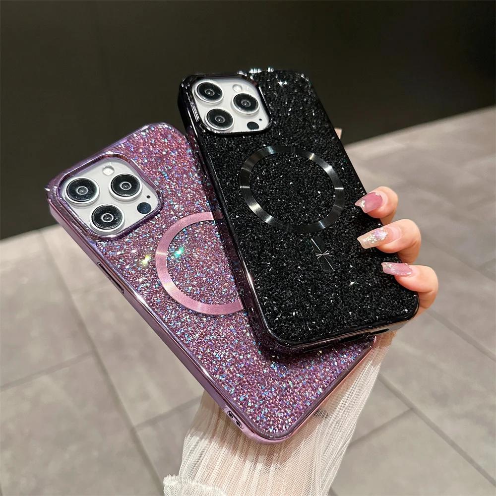 Luxusní třpytivý diamantový magnetický kryt na telefon pro IPhone 17 16 15 14 Plus 13 12 Pro Max pro Magsafe kryt pro bezdrátové nabíjení