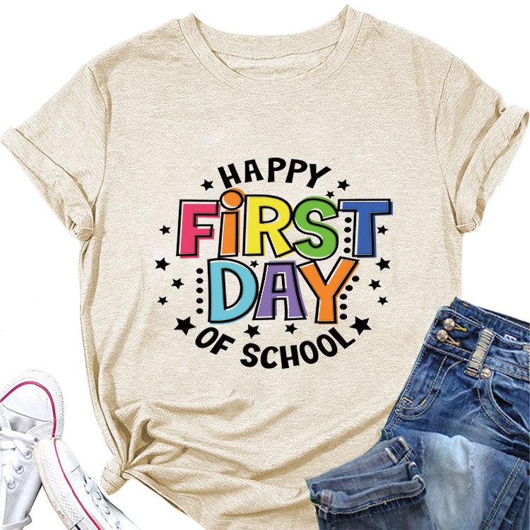 Summer loose crewneck Tshirt happy first day of printed casual shortsleeved fashion top