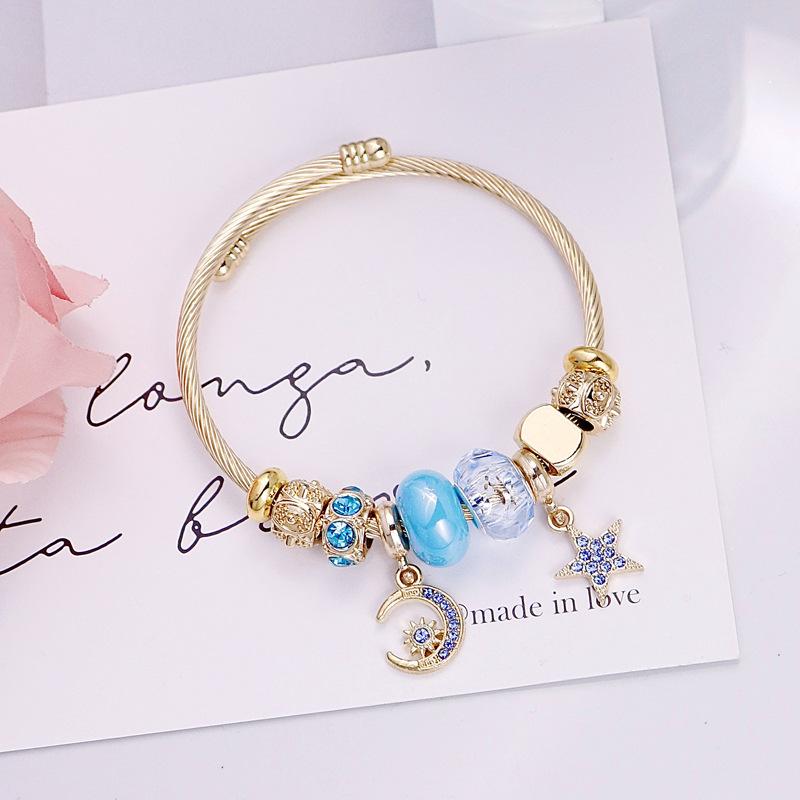 Four Leaf Clover Beaded Bracelet with Moon and Star Pendant Stainless Steel Jewelry for Women