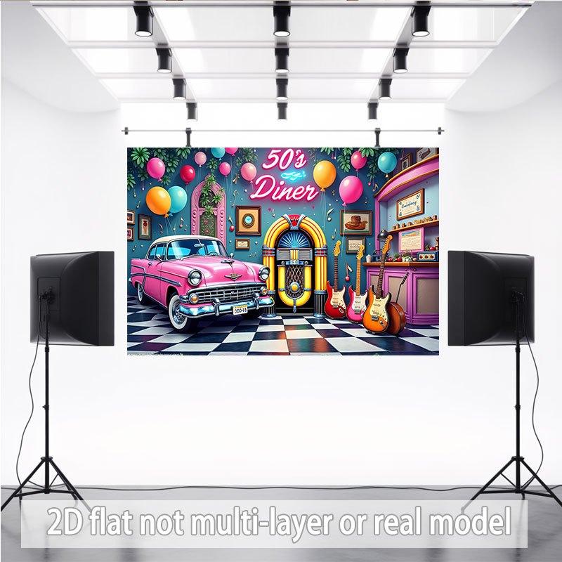 Two-dimensional Banner Polyester Background Fabric, with a Scene of a 1950s-style Restaurant On the Picture.