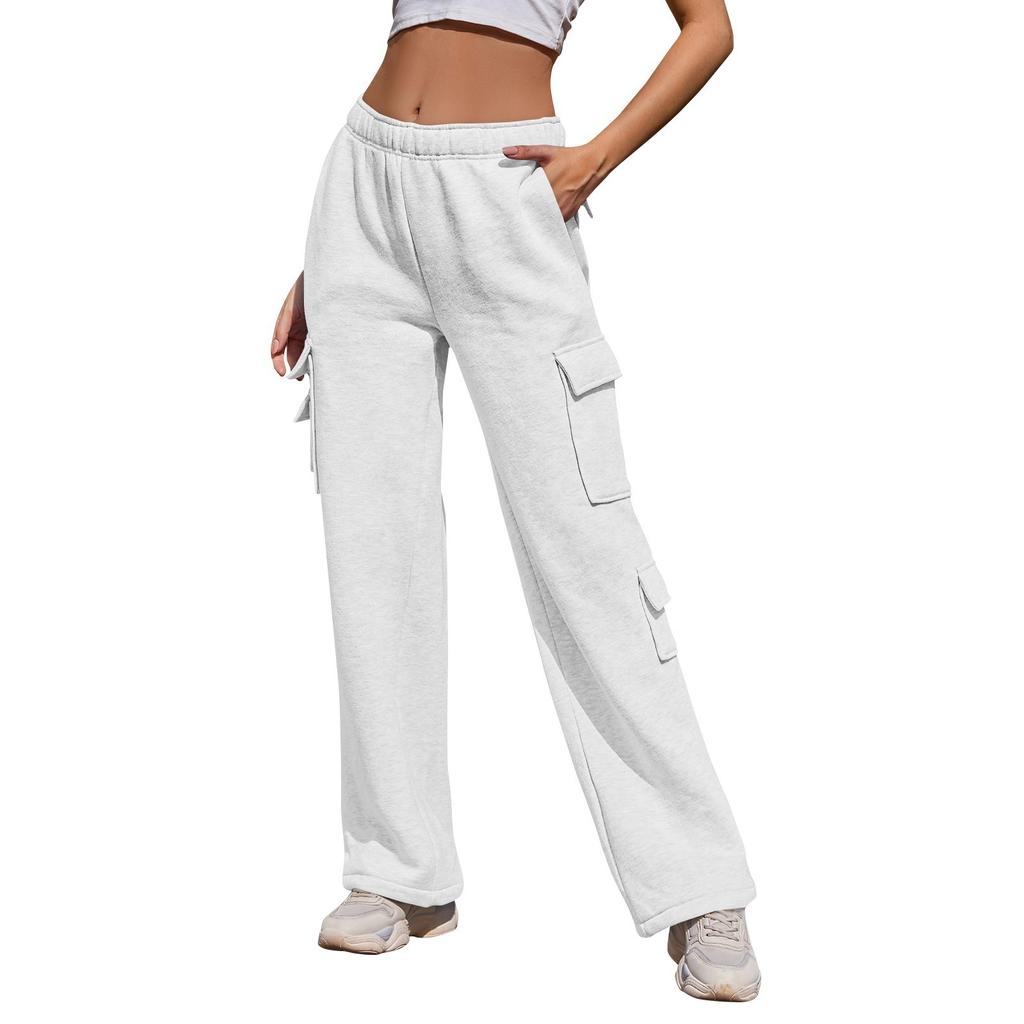 Women's Casual Fashion Solid Color Elastic Waist Drawstring Pockets Wide Leg Straight Pants