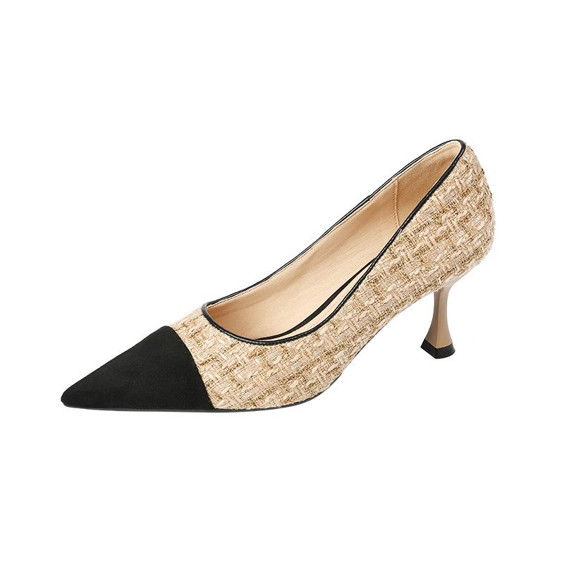 3351-16 French Pointed Head Color Matching High Heels Women's 2025 New Pointed Head Thousand Bird Grid Shallow Mouth Temperament Single Shoes Women