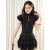 Vintage Slimming Black Lace Two-Piece Set: Short Sleeve Shirt & Layered Mini Skirt
