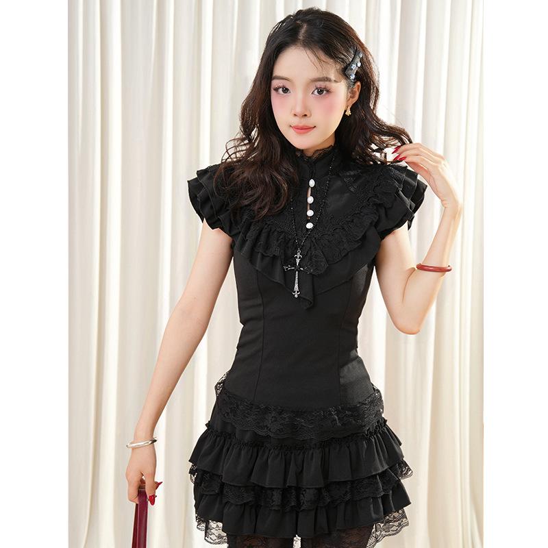 Vintage Slimming Black Lace Two-Piece Set: Short Sleeve Shirt & Layered Mini Skirt