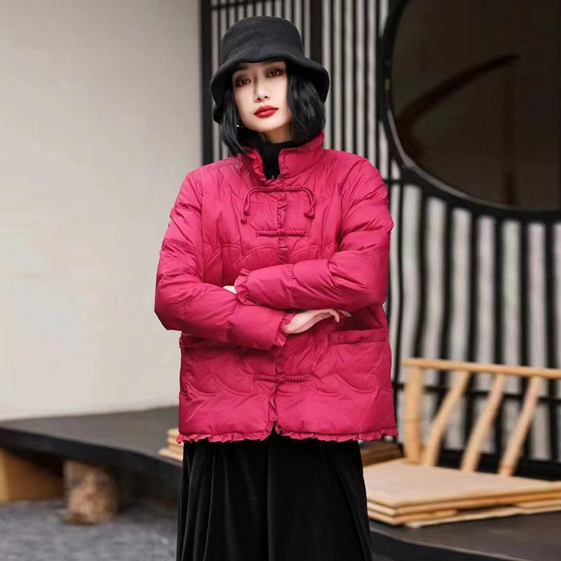Button short down jacket women's 2024 winter fashion literary and retro warm lace stand-up collar warm white duck down jacket