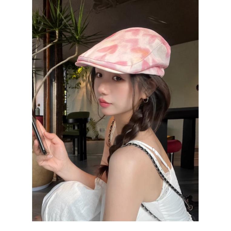 British retro pink heart-shaped denim forward cap for women, new summer inverted beret, early autumn duckbill cap
