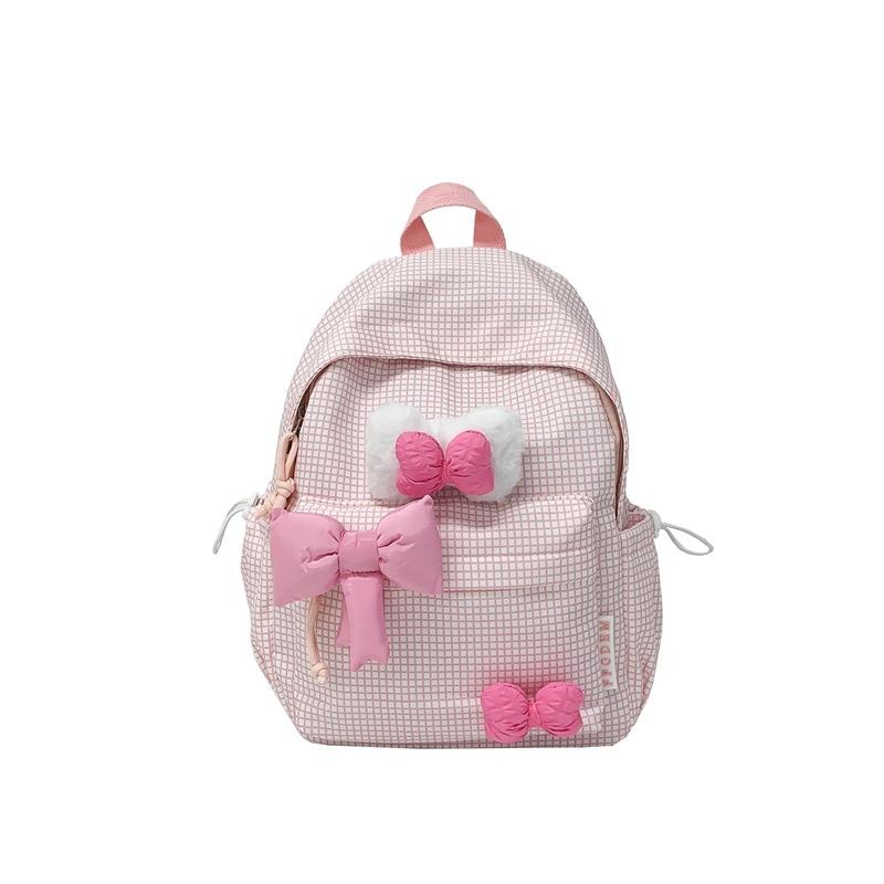 Cute Bowknot Plaid Backpack for Women Girls Large Capacity School Bag Casual Travel Daypack College Student Bookbag