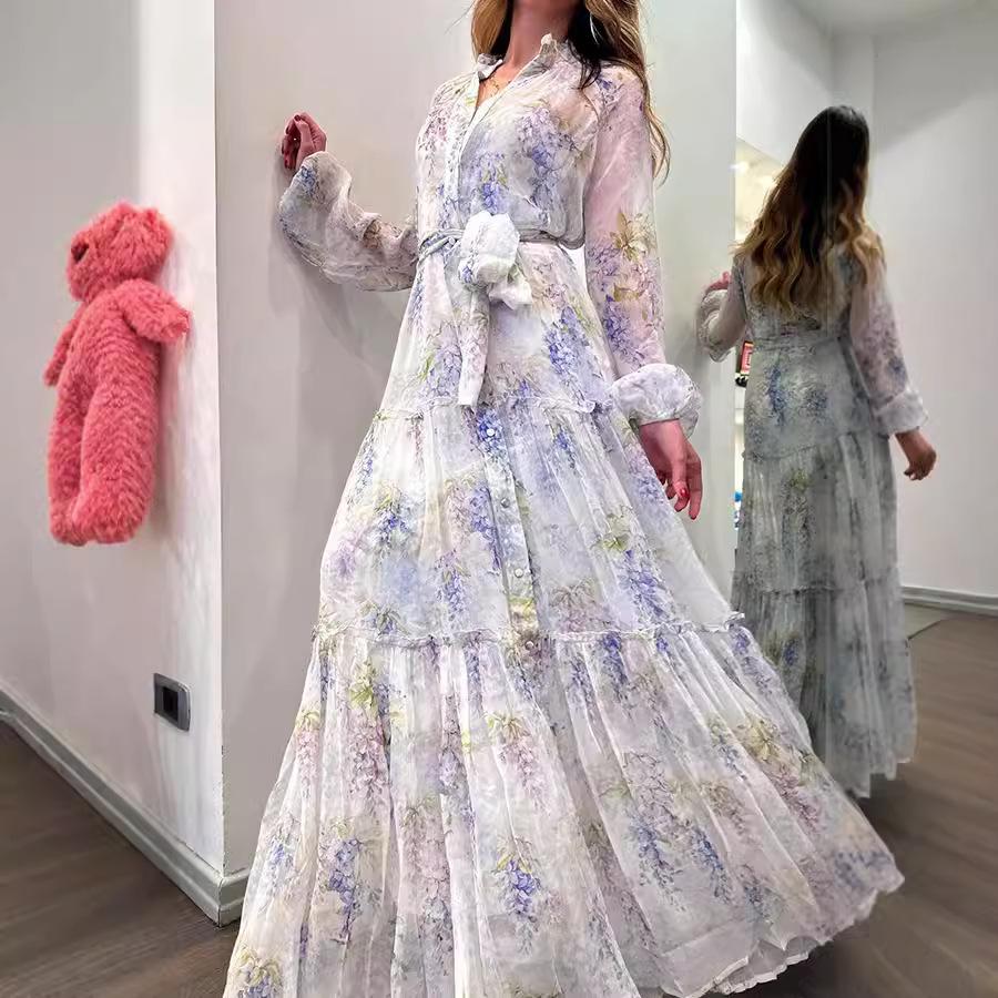 Women's Chiffon Printed Dress Cardigan Large Belt Floral Long Style