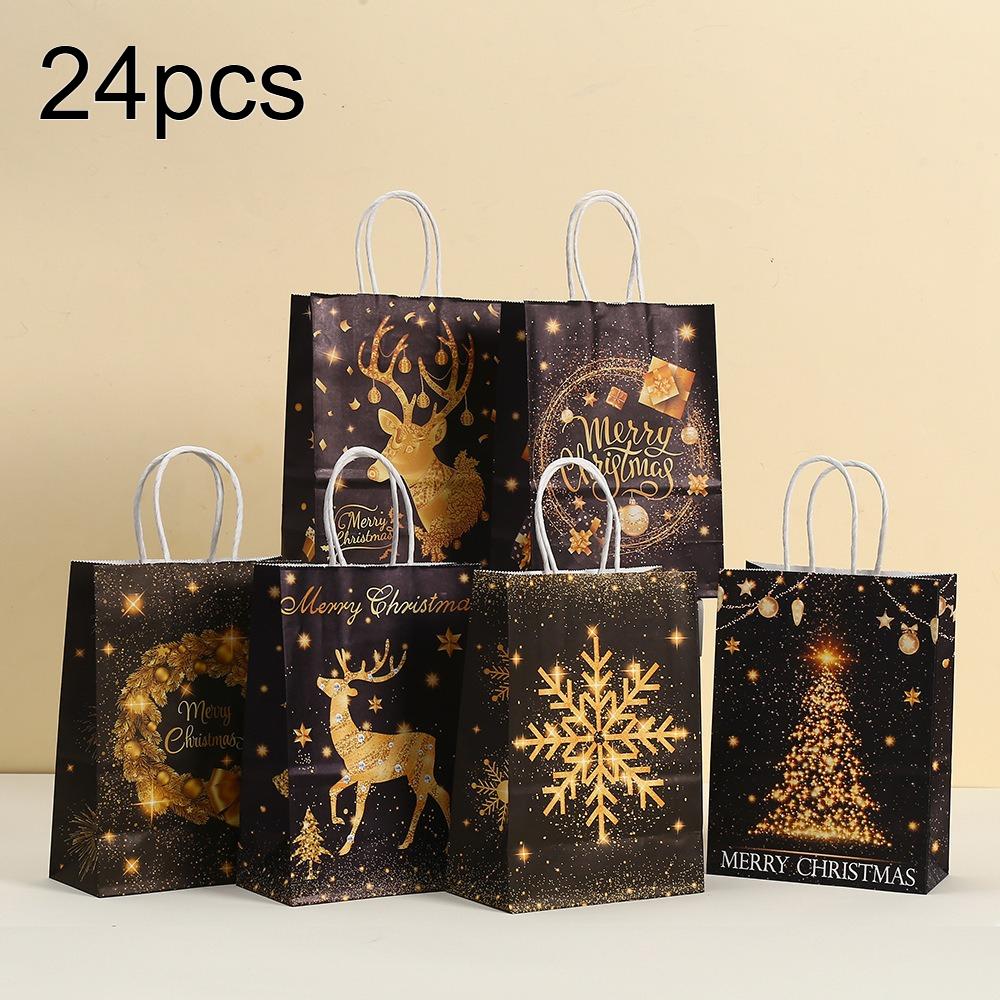 24pcs Black Golden Christmas Gift Bags with Handles Reindeer Christmas Tree Snowflake Kraft Paper Bags Party Favor Goody Bags