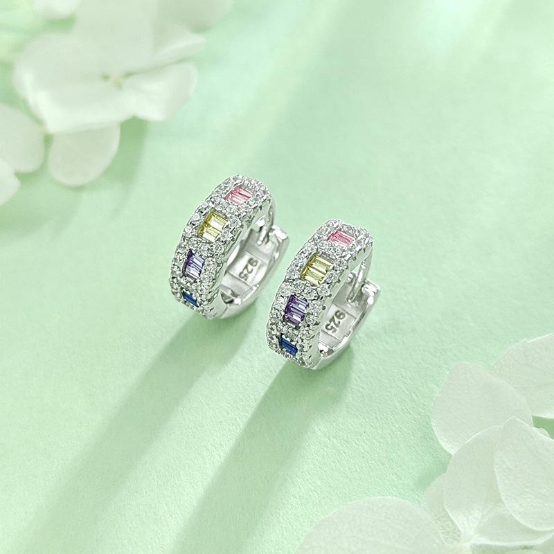 Elegant Multi-Color Diamond 925 Sterling Silver Earrings - Versatile Hip Hop Studs and Shiny Hoops for Women