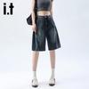Izzueit Women's American Retro Washed Denim High-Waist Bermuda Shorts