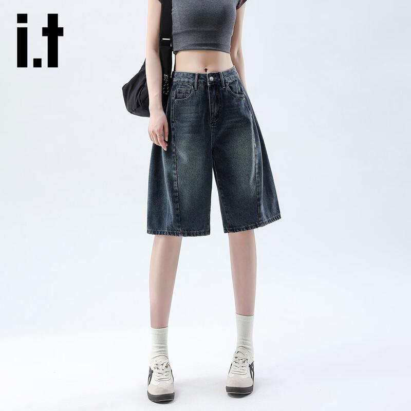 Izzueit Women's American Retro Washed Denim High-Waist Bermuda Shorts