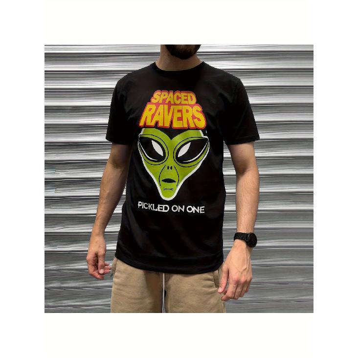 Men S Vintage 90s Rave Graphic T-Shirt - Spaced Ravers Old Skool Fantazia Vibealite Dreamscape Festival Design with Alien & Rave Slogan Print, Black S
