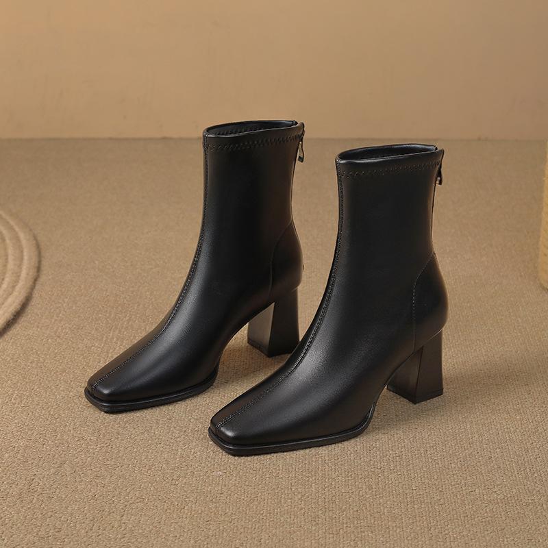 thick heel square head thin boots women's medium tube fashion simple temperament rear zipper autumn and winter new French soft leather Martin boots
