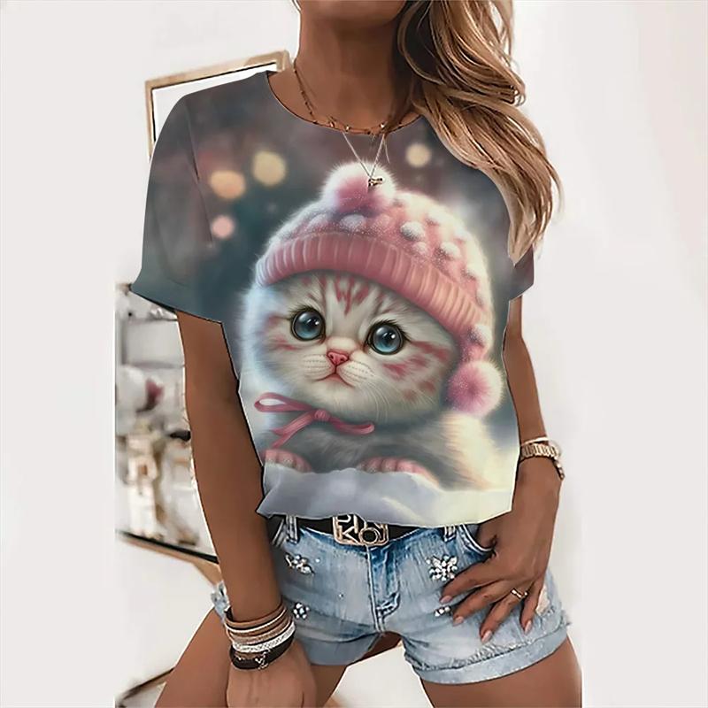 Fashion Women T Shirts 3D Kawaii Cat Print Tops Summer Famale T-shirt Harajuku Tees O-Neck 2024 Short Sleeves Oversized Clothing