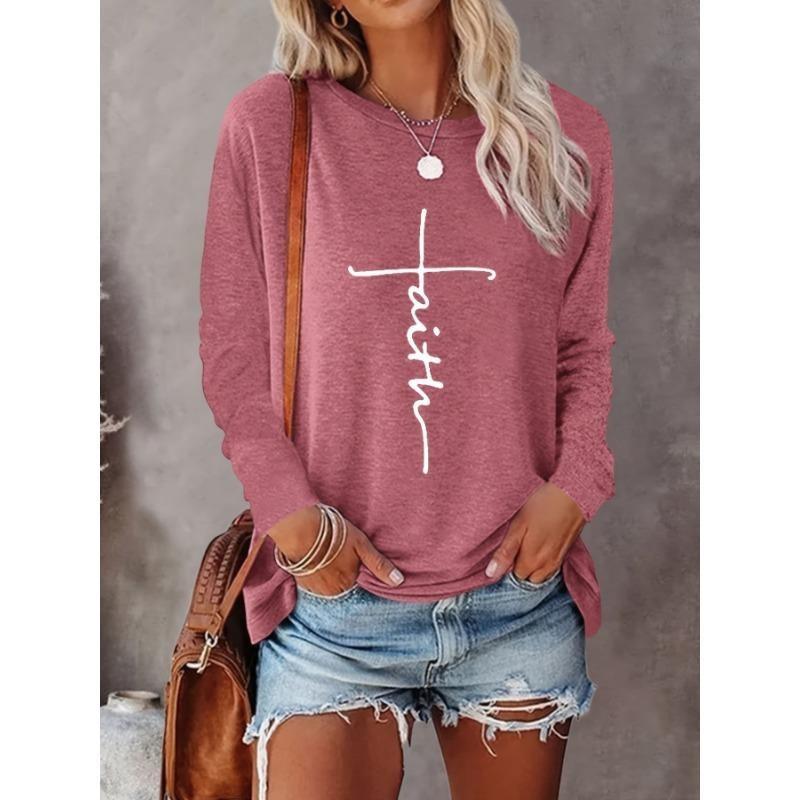 Gradient Faith Letter Print Women's T-shirt Long Sleeve Top Female Graphic Blouse Women's Clothing Shirts Autumn Outdoor Casual