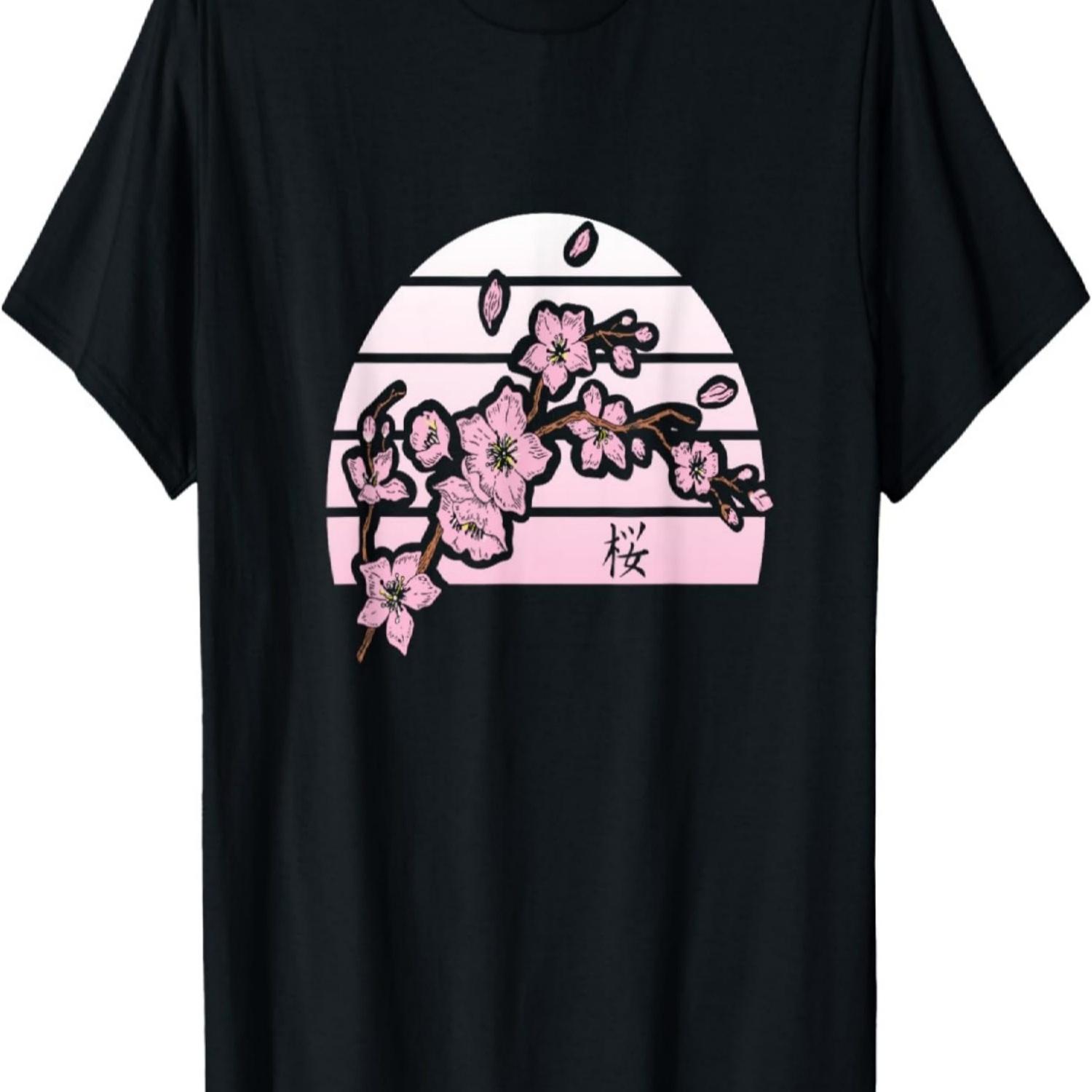 

Цветущая сакура Весенние вишневые цветы Печать кандзи Футболка(8) S чёрный