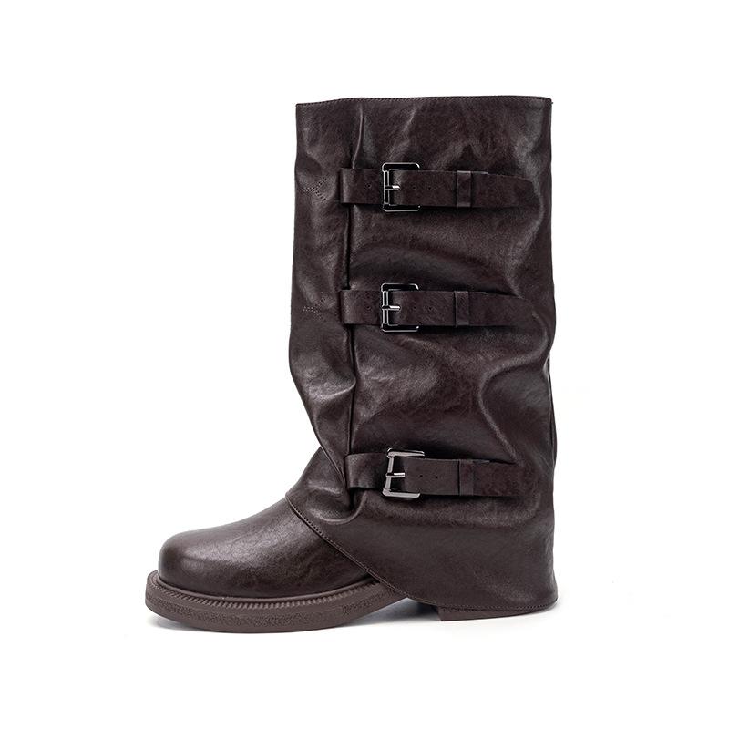 Grape Mom's same thick-soled trouser boots for women's autumn niche design belt buckle western boots pleated medium tube stacking boots