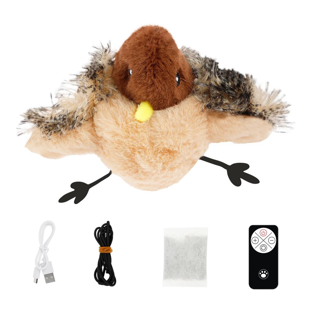 Interactive Cat Toys USB Rechargeable Simulation Chirping Flapping Sparrow Bird Touch Activated Plush Toys with Remote Control