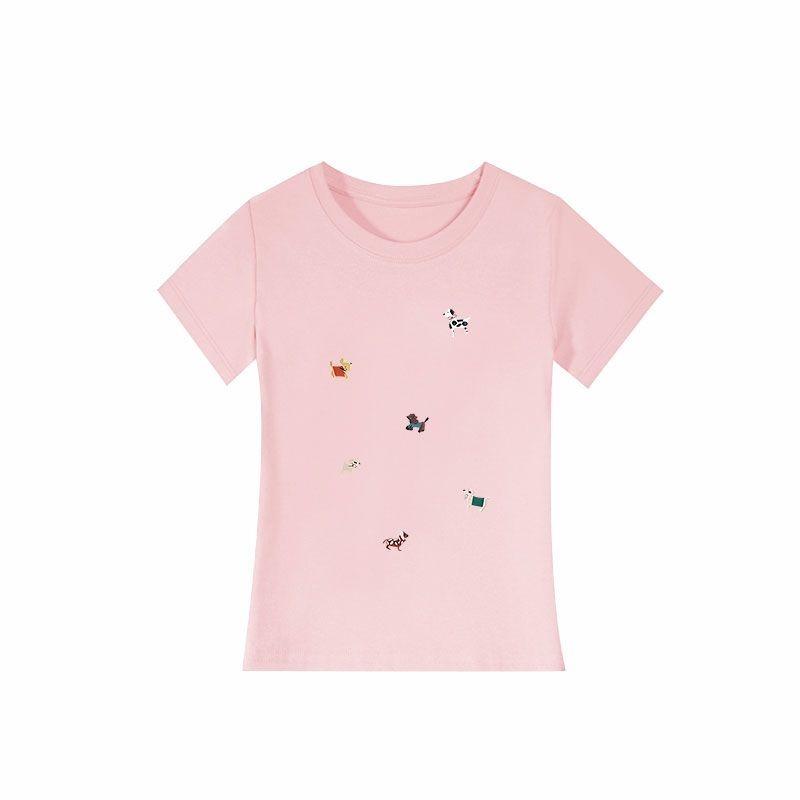 Women Summer Casual Cute Dog Embroidery Print Short Sleeve Cotton T Shirt