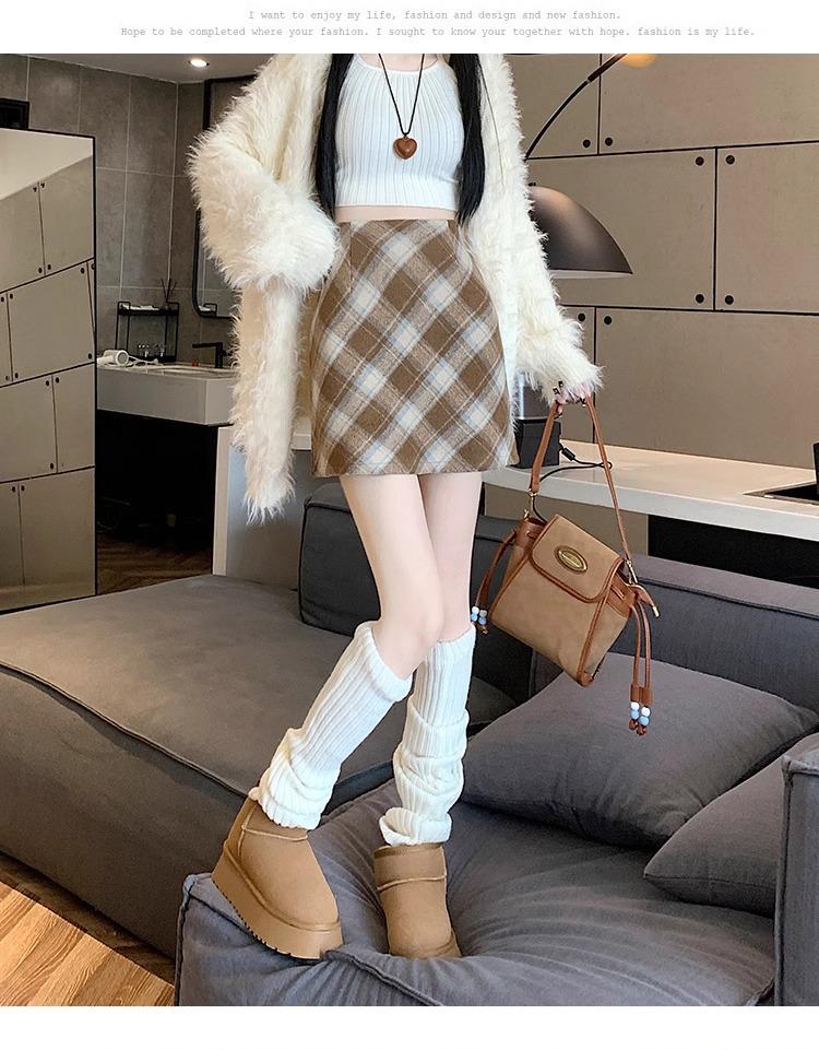 Korean Style Retro Plaid High-Waist Wool A-Line Skirt for Women - 2024 Autumn/Winter Collection