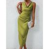 Women Olive Green Satin Cowl Neck Sleeveless Ruched Waist Bodycon Midi Dress