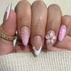 24pcs Manicure Long Almond False Nails Aurora Wave Bow Pearl Press On Nails Detachable Flower Starburst Fake Nials DIY
