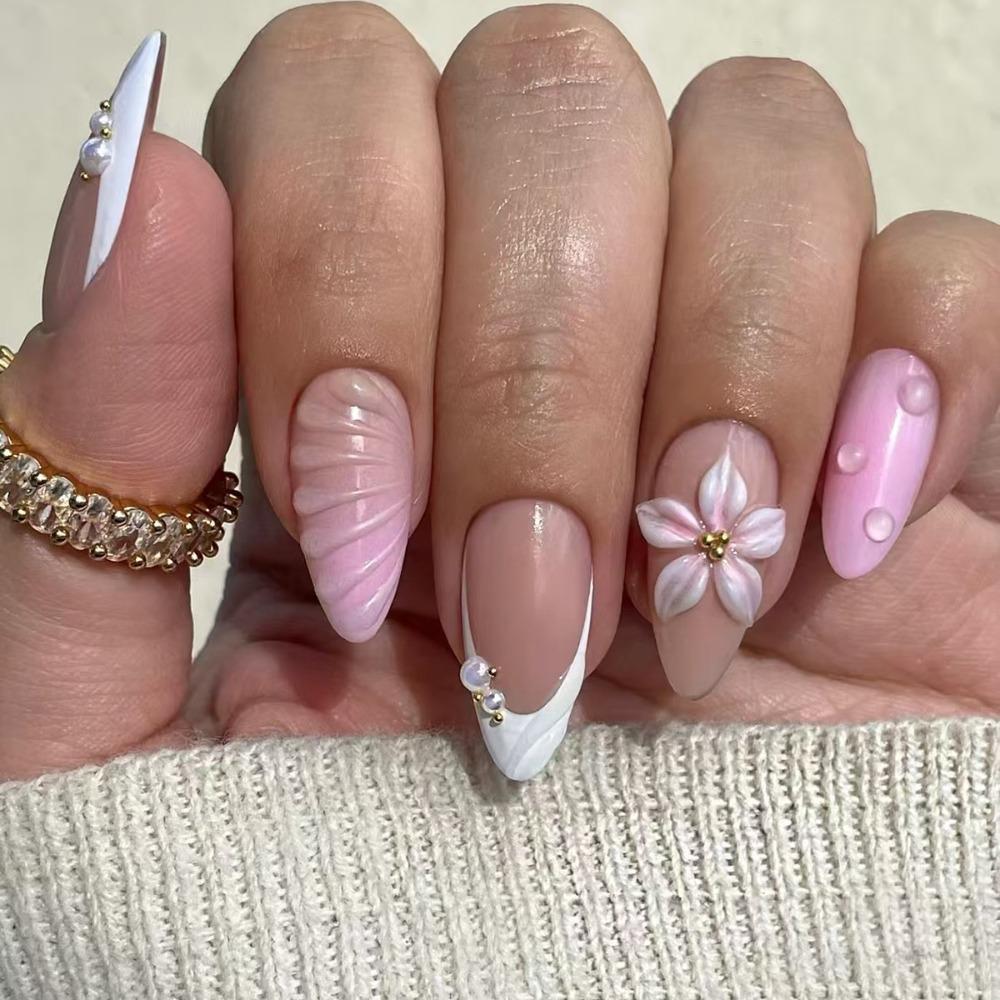 24pcs Manicure Long Almond False Nails Aurora Wave Bow Pearl Press On Nails Detachable Flower Starburst Fake Nials DIY