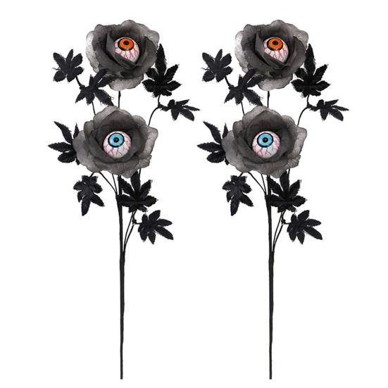 1/2/3Pcs Halloween Artificial Eyeball Flower with Black Maple Leaves Spooky Gothic Fake Silk Flower Home Table Centerpiece Faux Rose Decoration
