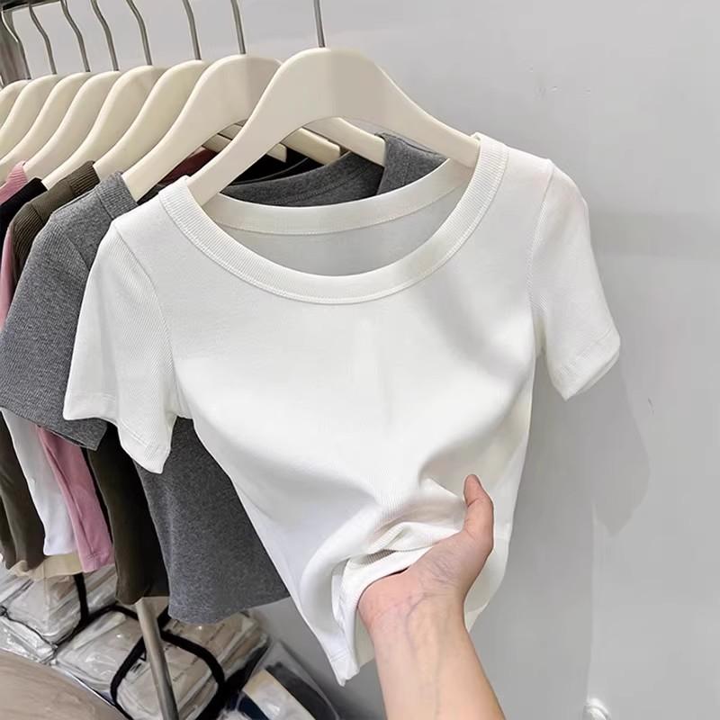 2025 Summer Simple Solid T Shirts Women’s O-neck Short-sleeve White T-shirt Casual Slim Elastic All-match Y2k Tops Women Clothes