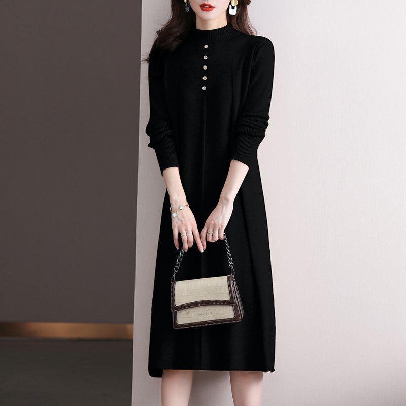 2025 Women's Elegant Half-High Collar Wool Knit Dress for Autumn and Winter