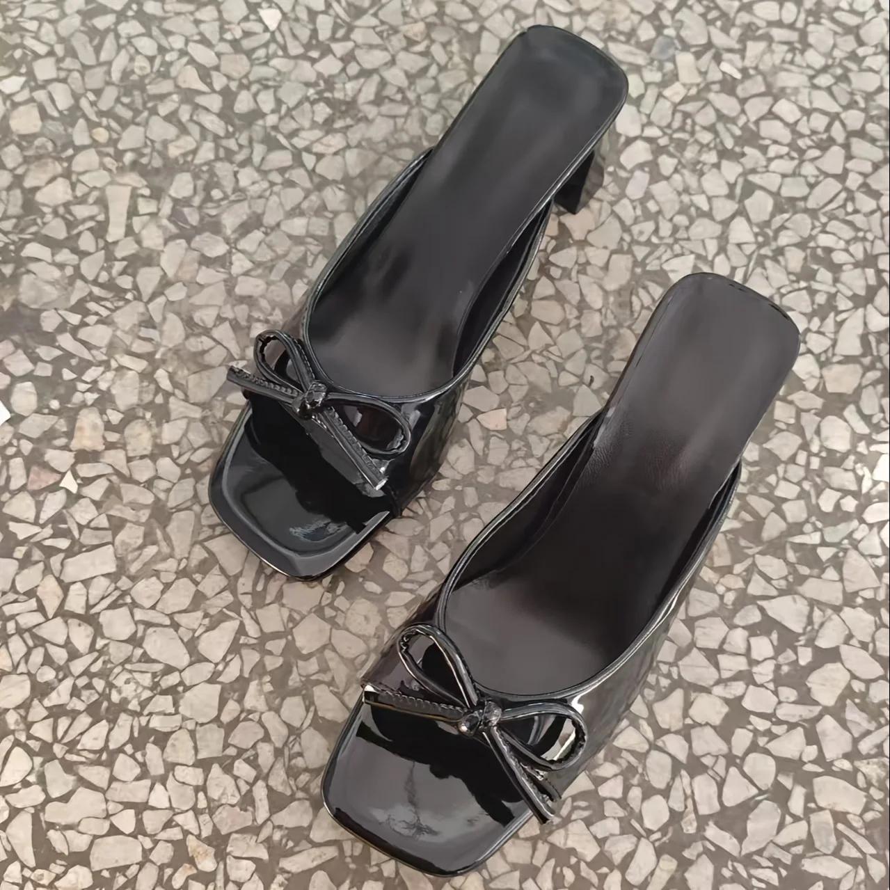 

Summer New Comfortable and Sexy Bow Banquet Slippers Casual Women s Shoes Fashionable Elegant Fish Mouth Thick Sole High Heels 36 чорний