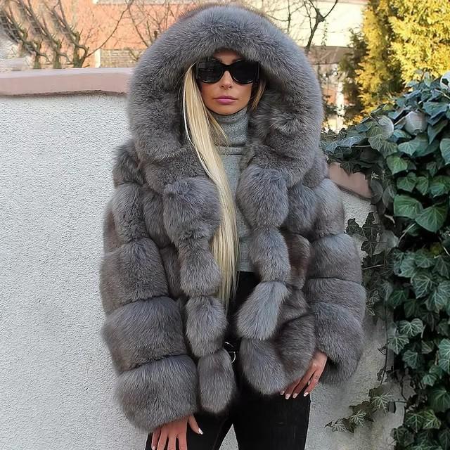 Europe and The United States Hot Sale Fur Coat with Hood Splicing Coat Imitation Fox Fur Fur Faux Fur