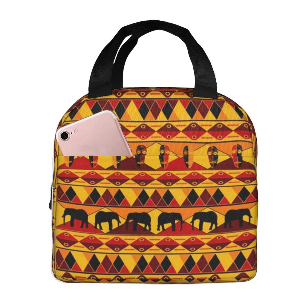 Orange Aztec Elephant Pattern Print Portable Lunch Boxes Waterproof Thermal Cooler Food Insulated Lunch Bag Kids School Children