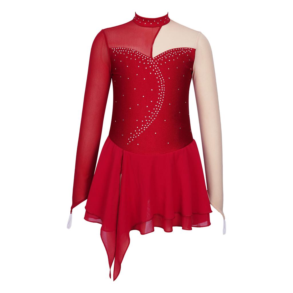 Girls Dance Dress Long Sleeve Round Neck Patchwork Design Hollow Back Rhinestone Detail Skating Costume