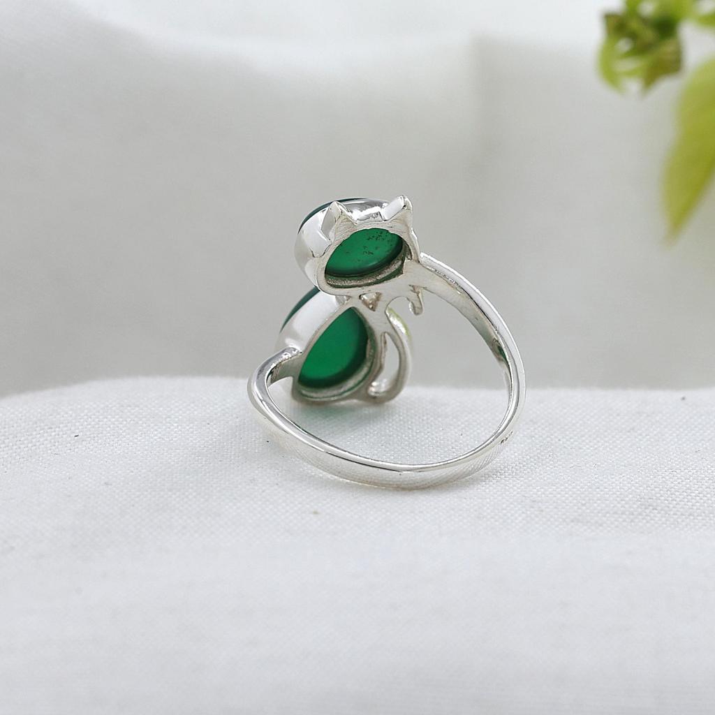 Green Onyx Silver Cat Ring, Gifts For Her, 925 Sterling Silver Handmade Jewelry, Silver Animal Jewelry, Women Ring Ar8926